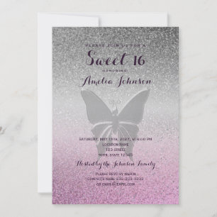 Glitter Silver Pink Sweet 16 Birthday Invitation
