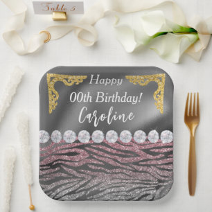 Glitter Silver Pink Zebra Print Glitter Birthday Paper Plate