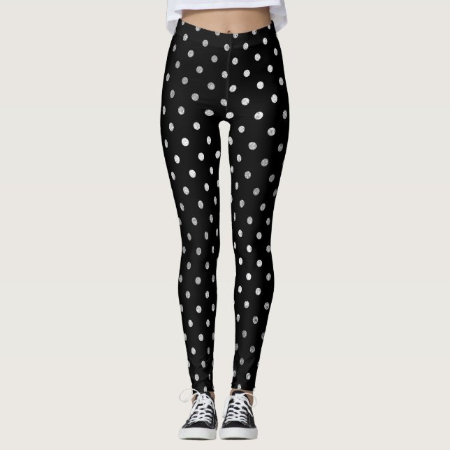 Glitter Silver Polka Dots  Black Delicate Sparkly Leggings (Front)