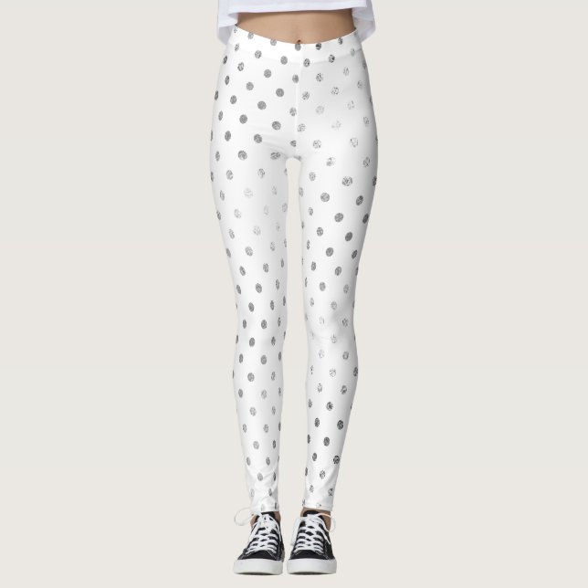 Glitter Silver Polka Dots White Delicate Sparkly Leggings (Front)
