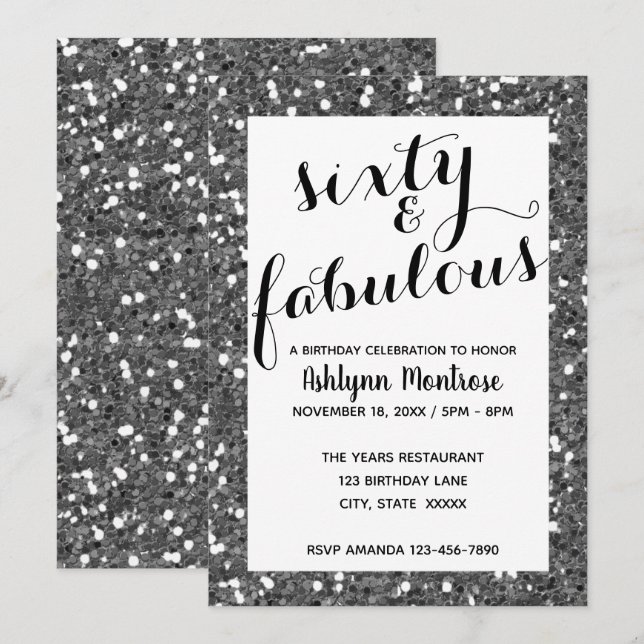Glitter Silver Sixty & Fabulous Invitation (Front/Back)