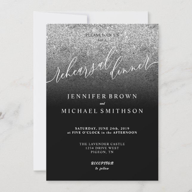 Glitter Silver SPARKle Watercolor Rehearsal Dinner Invitation (Front)