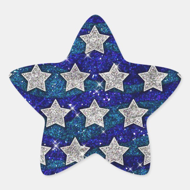 Glitter Silver Stars Glitter Blue Waves Sparkle Star Sticker (Front)