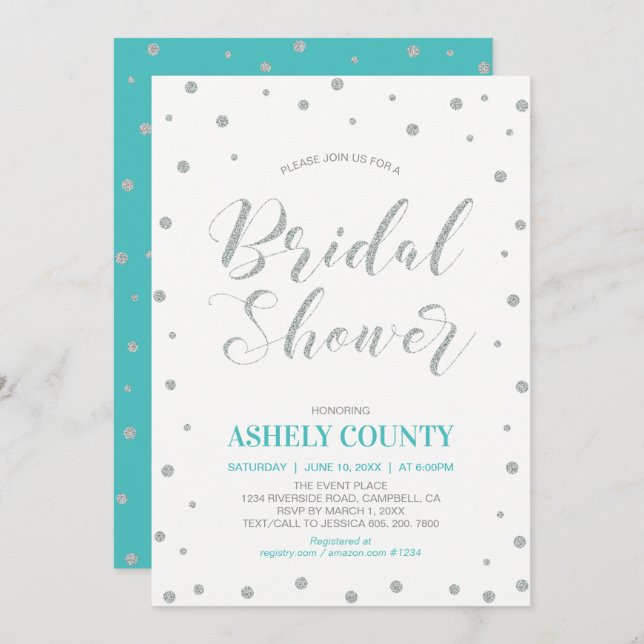 Glitter Silver & Tiffany | Modern Bridal Shower Invitation (Front/Back)
