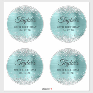 Glitter Silver & Turquoise 40th Birthday 6" Circle