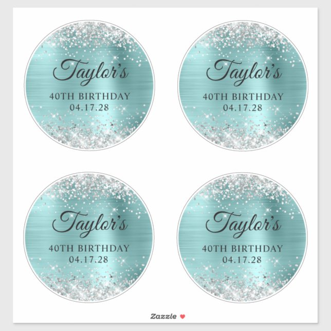 Glitter Silver & Turquoise 40th Birthday 6" Circle (Sheet)