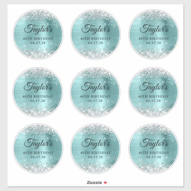 Glitter Silver & Turquoise 40th Birthday Circle (Sheet)
