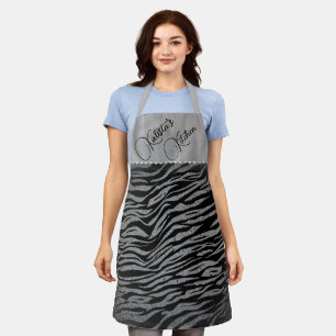 Glitter Silver Zebra Print on Black Personalised Apron