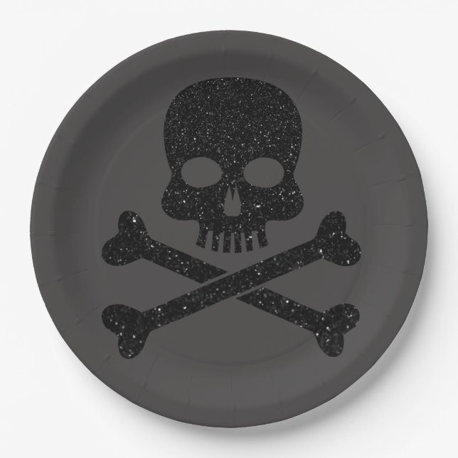 Glitter Skull'n'Crossbones Halloween Paper Plate (Front)