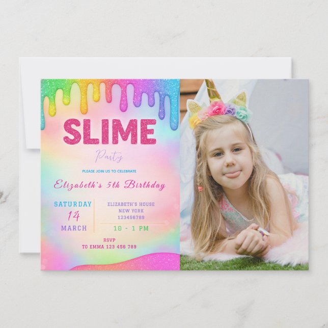 Glitter Slime Birthday Invitation with Photo (Front)