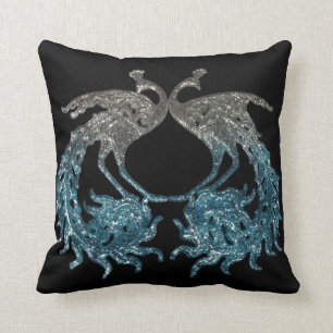 Glitter Sliver and Blue Peacock Still Life Cushion