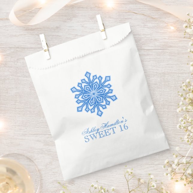 Glitter Snowflake Blue Sweet 16 Winter Wonderland Favour Bags (Clipped)