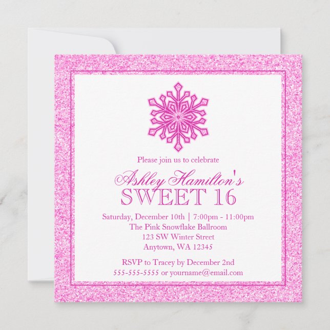 Glitter Snowflake Pink Sweet 16 Winter Wonderland Invitation (Front)