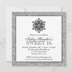 Glitter Snowflake Silver Sweet 16 Winter Invitation