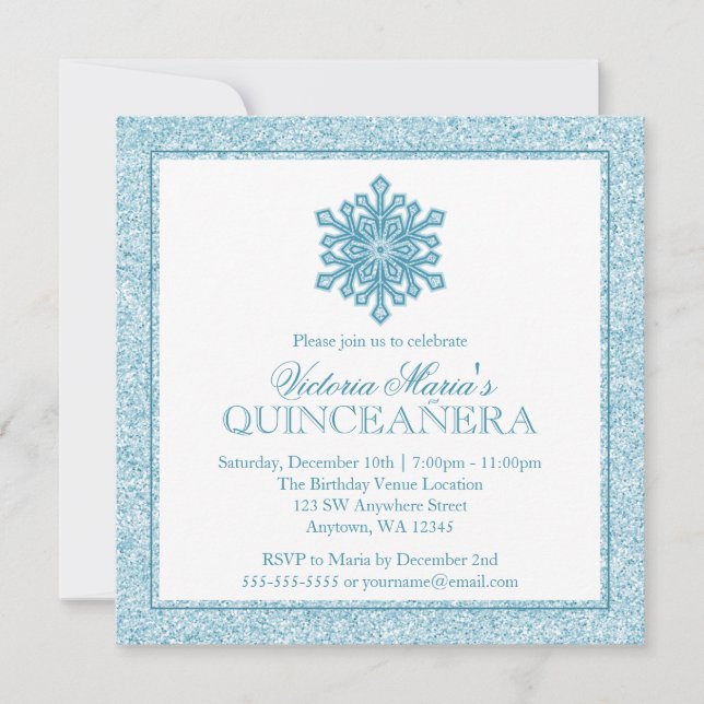 Glitter Snowflake Teal Quinceanera Winter Invites (Front)
