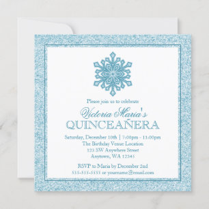 Glitter Snowflake Teal Quinceanera Winter Invites
