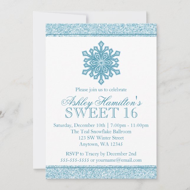 Glitter Snowflake Teal Sweet 16 Winter Wonderland Invitation (Front)