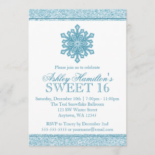 Glitter Snowflake Teal Sweet 16 Winter Wonderland Invitation