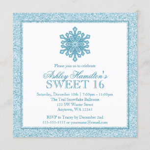 Glitter Snowflake Teal Sweet 16 Winter Wonderland Invitation