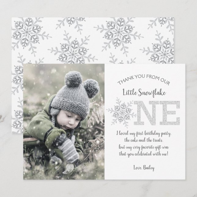 Glitter Snowflakes 1st Birthday Thank You Card (Front/Back)