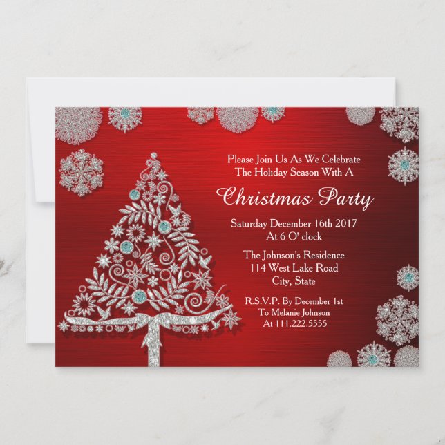 Glitter Snowflakes and Tree Red Christmas Invitation (Front)