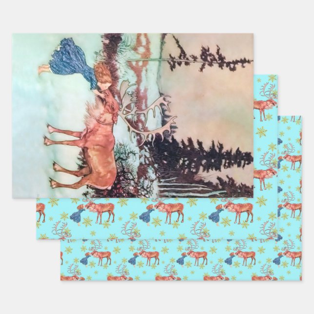 Glitter Snowflakes Gerda and The Reindeer Pattern Wrapping Paper Sheet (Set)