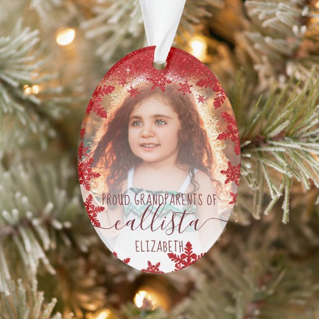 Glitter Snowflakes Proud Grandparents Photo Name Ornament (Tree)