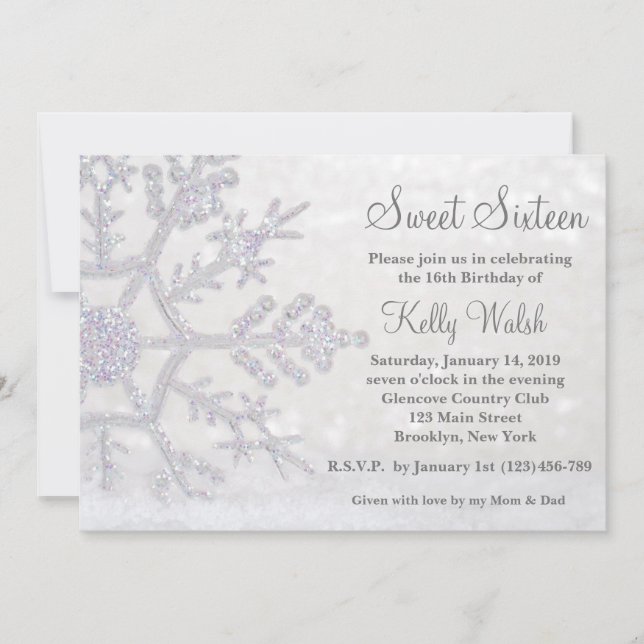 Glitter Snowflakes Sweet 16 Winter Invitation (Front)