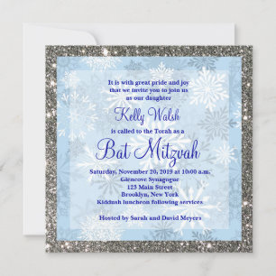Glitter Snowflakes Winter Bat Mitzvah Invitation