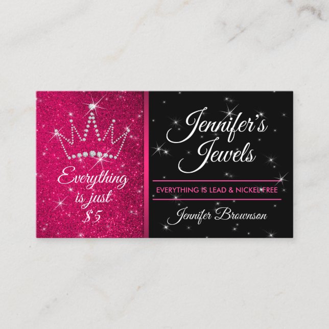 Glitter Sparkle Pink Crown Jewellery Accessories Business Card (Front)