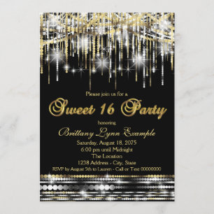 Glitter Sparkle Sweet Sixteen Party Black and Gold Invitation
