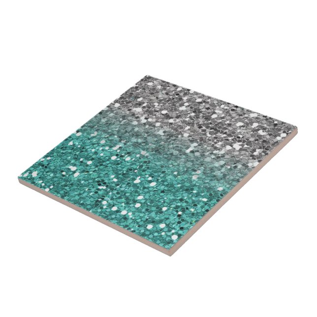 Glitter Sparkle Teal Silver Ombre Sequin look Tile (Side)