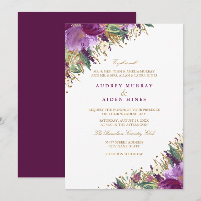 Glitter Sparkling Amethyst Purple Floral Wedding Invitation (Front/Back)