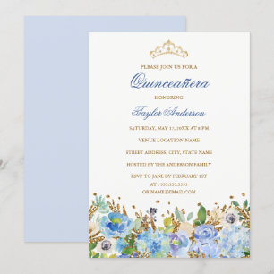 Glitter Sparkling Blue Floral Quinceanera Invite