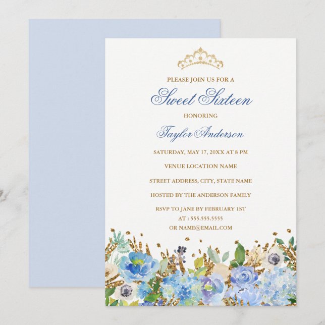 Glitter Sparkling Blue Floral Sweet Sixteen Invite (Front/Back)