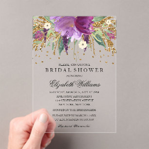 Glitter Sparkling Floral Amethyst Bridal Shower Acrylic Invitations