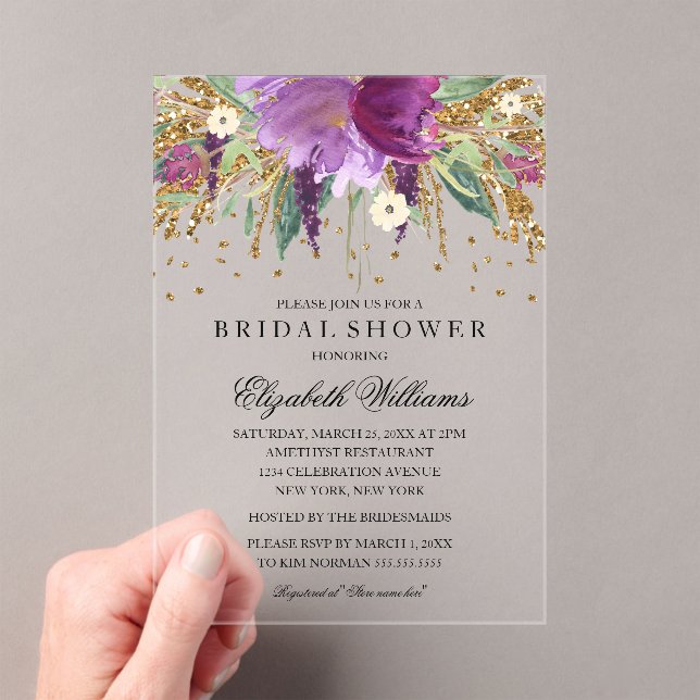 Glitter Sparkling Floral Amethyst Bridal Shower Acrylic Invitations (Insitu (Handheld))