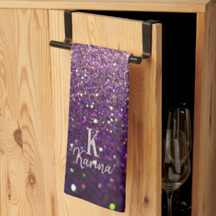 Glitter sparkling purple silver name monogrammed tea towel