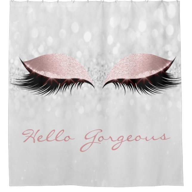Glitter Sparkly Hello Gorgeous Grey Pink Girly Eye Shower Curtain (Front)