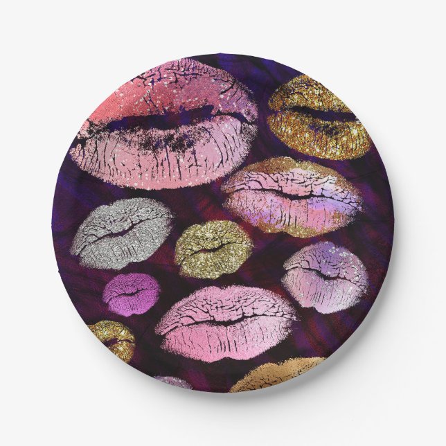 Glitter Sparkly Kiss Lips Beauty Makeup Party Paper Plate (Front)