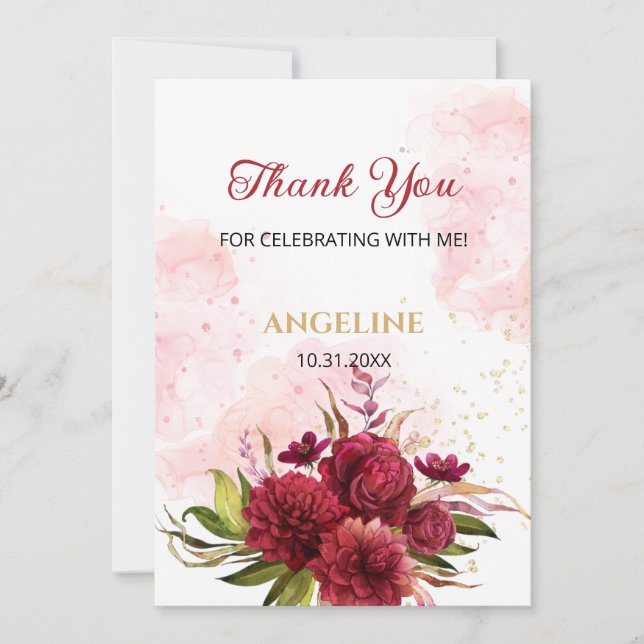 Glitter Splash Burgundy Dahlia Rose Birthday Thank You Card (Front)