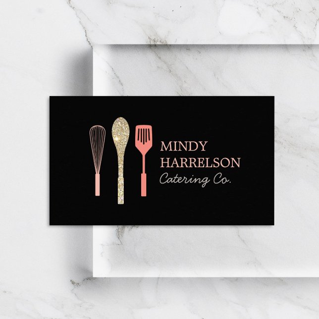 Glitter Spoon Whisk Spatula Bakery Catering Black Business Card (Creator Uploaded)
