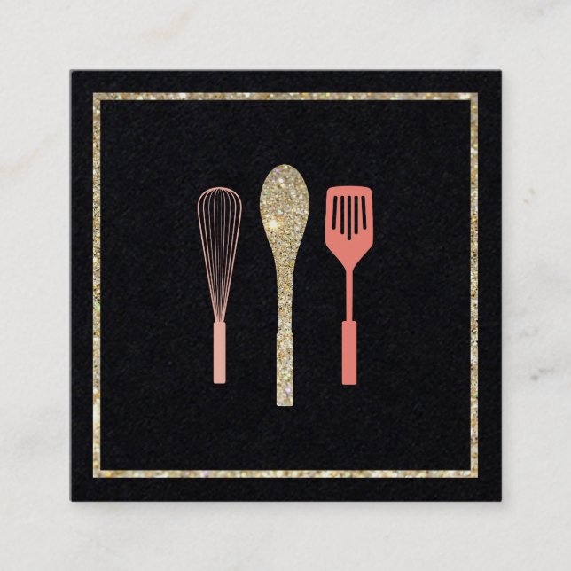 Glitter Spoon Whisk Spatula Bakery Catering Logo Square Business Card (Front)