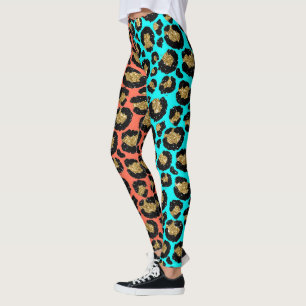 Glitter Spots Fur Leopard 80s Rock Turquoise Coral Leggings