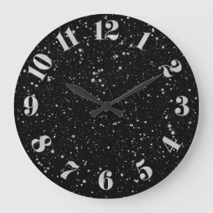 Glitter Stars2 - Silver Black Large Clock