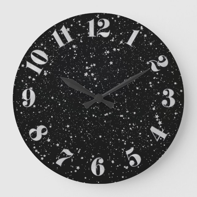 Glitter Stars2 - Silver Black Large Clock (Front)