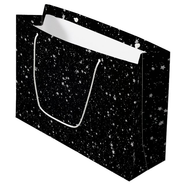 Glitter Stars2 - Silver Black Large Gift Bag (Front Angled)