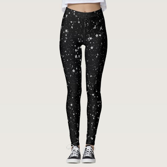 Glitter Stars2 - Silver Black Leggings (Front)