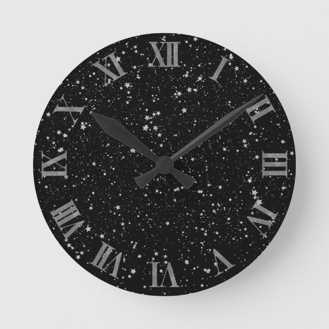 Glitter Stars2 - Silver Black Round Clock (Front)
