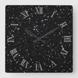 Glitter Stars2 - Silver Black Square Wall Clock